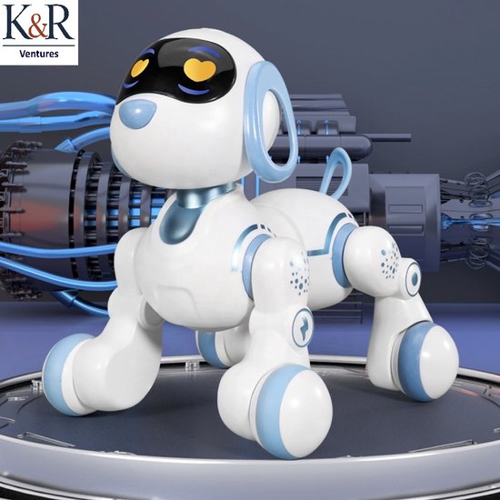 K&R Ventures® Interactieve Robot Hond – Speelgoed Hondje met Afstandsbediening – Wit & Blauw – Oplaadbaar via USB – Robot Speelgoed voor Kinderen