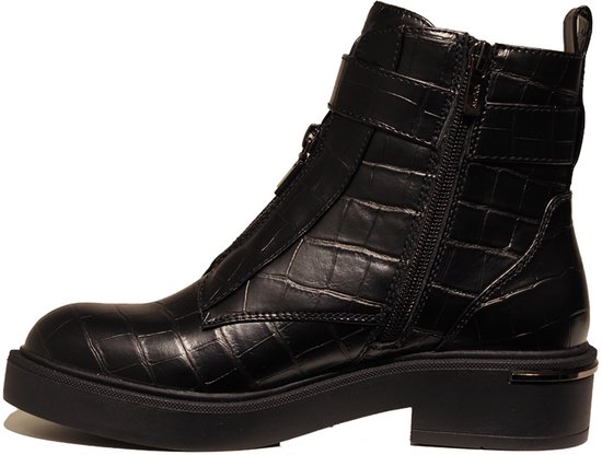 Bottines noires à imprimé crocodile, fermeture éclair et boucle.