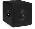 Zwarte Audizio SW800 actieve subwoofer met poort aan de zijkant.