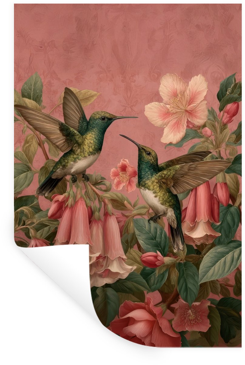 Muurstickers - Sticker Folie - Kolibries - Bloemen - Groen - Roze - 60x90 cm - Plakfolie -