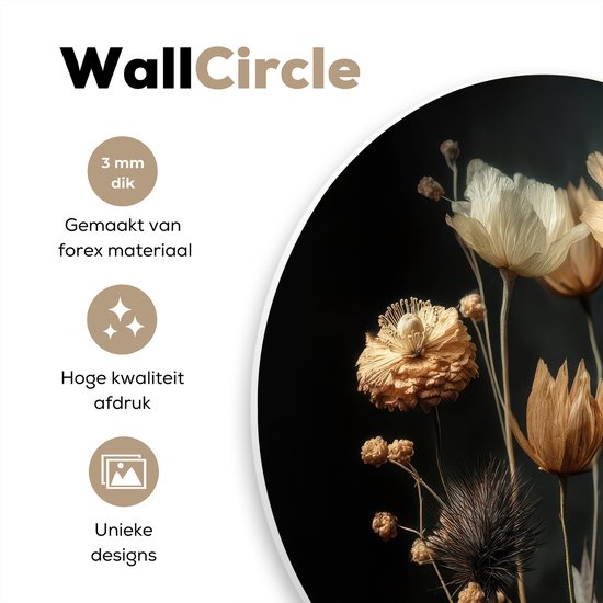 WallCircle® Cercle Mural 60x60 cm - Cercle Mural Bouquet - Fleurs - Clair - Zwart - Décoration murale salon - Décoration murale chambre - Accessoires de décoration de chambre - Tableaux ronds