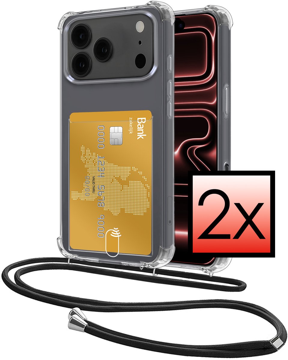 Hoes Geschikt voor iPhone 17 Pro Max Hoesje Pasjeshouder Cover Met Koord Shock Proof Case Siliconen Hoes Met Telefoonkoord en Kaarthouder - Transparant - 2 PACK