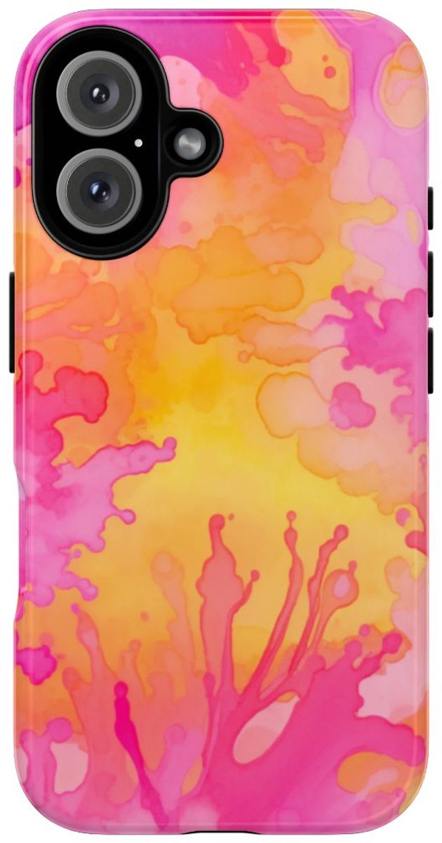 Roze en Oranje Abstracte Inktspatten – Telefoonhoesje Geschikt voor iPhone 16