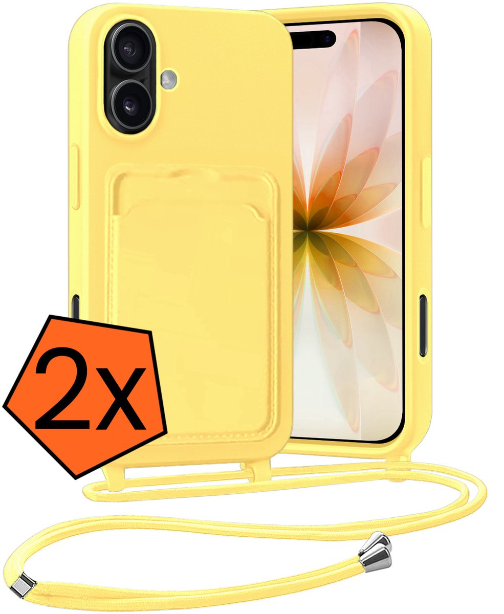 Hoesje Geschikt voor iPhone 17 Hoesje Met Telefoonketting Pasjeshouder Case Koord - Hoesje Geschikt voor iPhone 17 Hoes Met Kaarthouder - Geel - 2 PACK