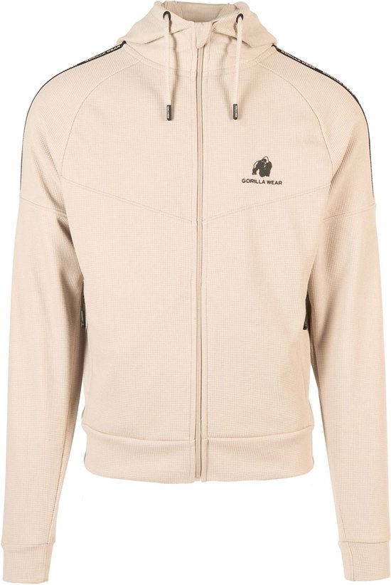 Beige hoodie met rits, logo op de borst, tape op de schouders.