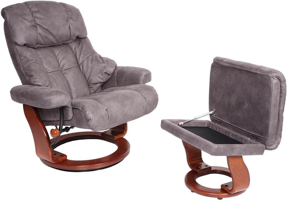 MCA Relax fauteuil Calgary XXL, TV-fauteuil kruk, 180kg belastbaar stof/textiel ~ donkergrijs, frame walnoot-look