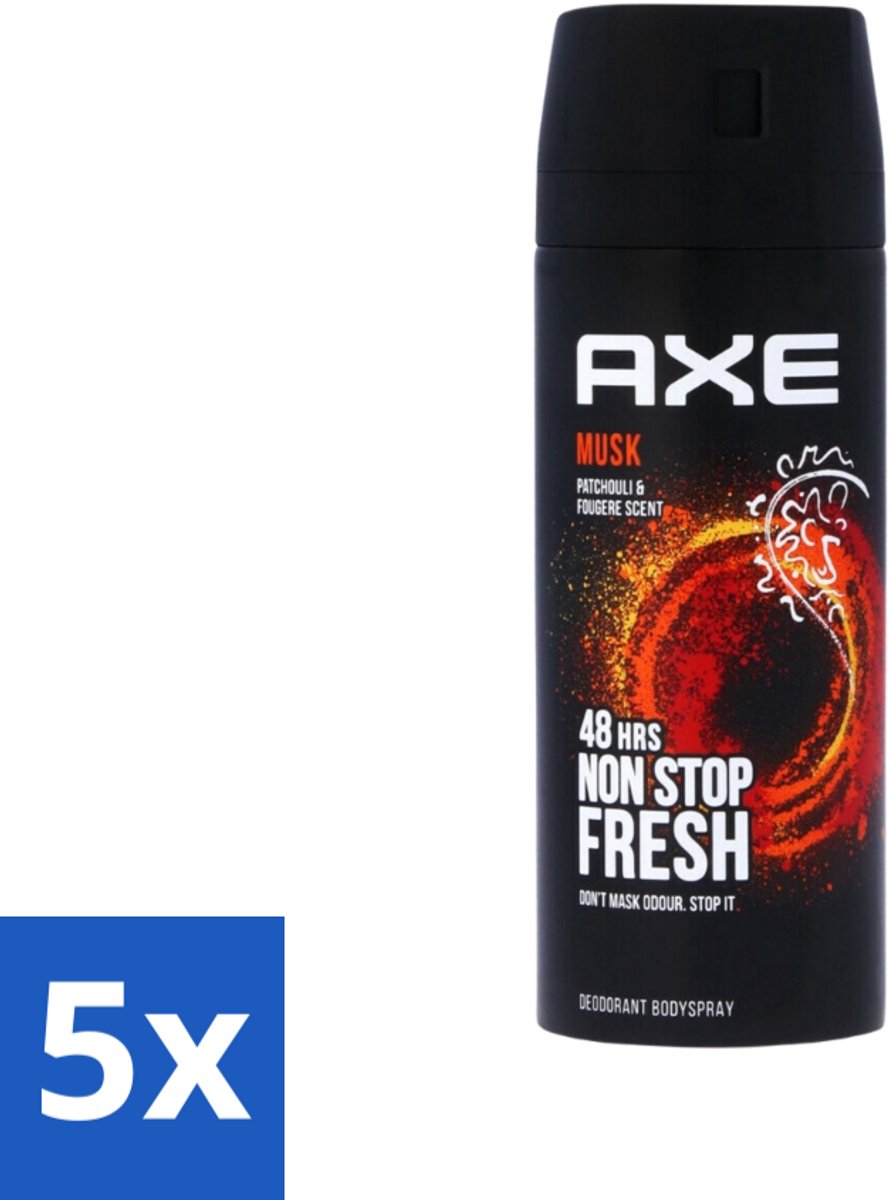 5 x Axe - Deodorant Bodyspray - 48hrs Fresh - Musk - Patchouli & Fougere - 150 ml - Voordeelverpakking - 5 stuks