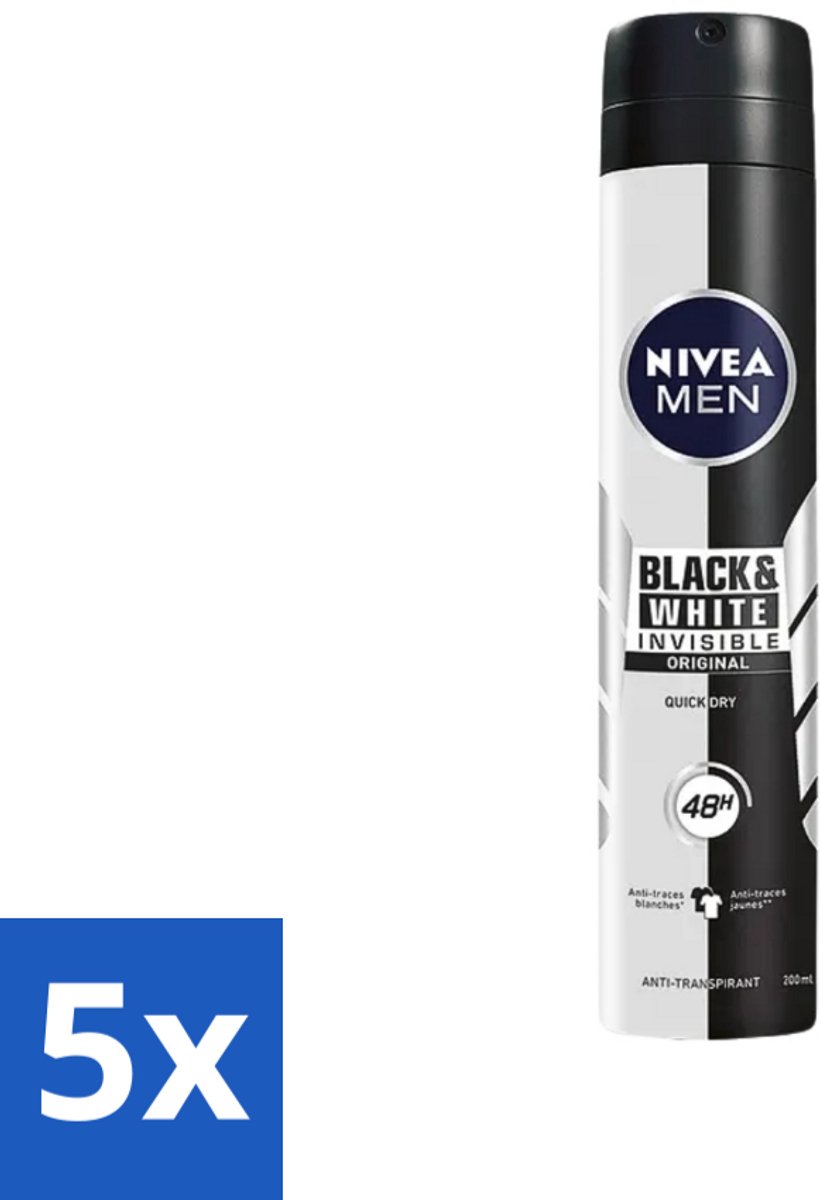 5 x Nivea - Men - Deodorant - Spray - Black & White Invisible Original - 150 ml - Deodorant Spray - Anti-transpirant - 48 Uur Bescherming - Anti-vlek - Zwart En Wit
