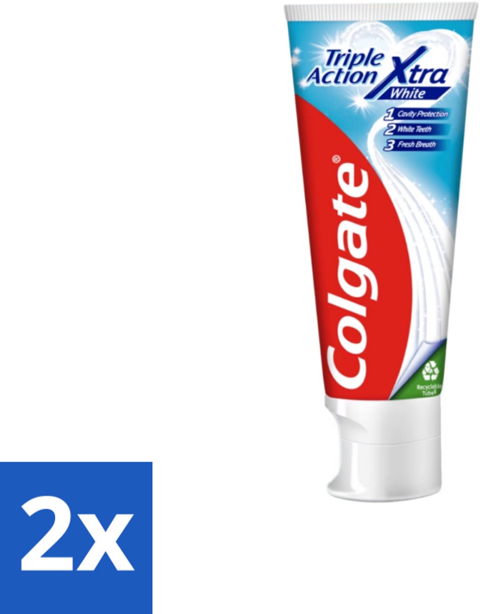 2 x Colgate Tandpasta Triple Action Xtra White 75 ml - Tandpasta - Gaatjes - Wittere Tanden - Frisse Adem - Mondverzorging