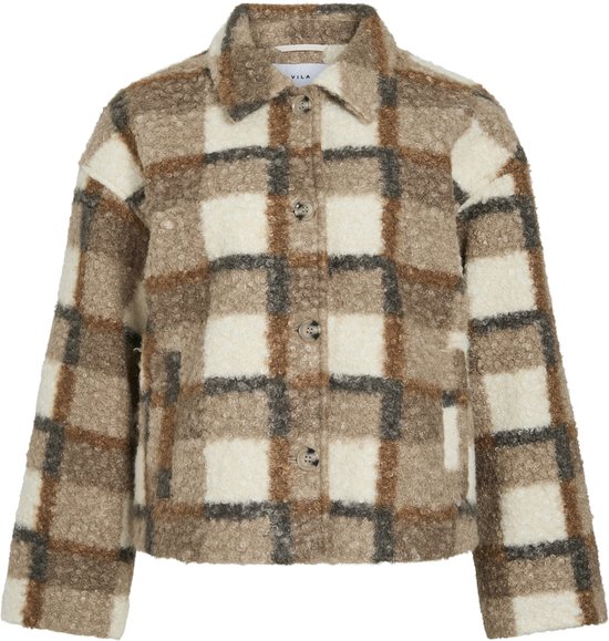 Voorkant van een bruin, beige en wit geruit teddyjack met knoopsluiting en VILA-label.