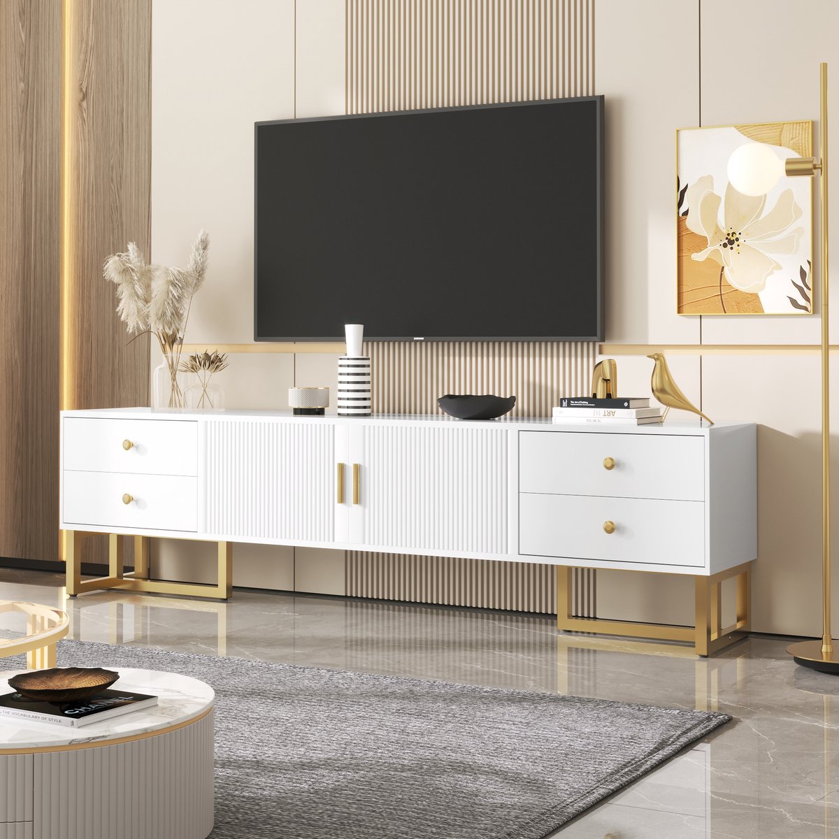 HAUSS SPOLE TV meubel - TV-Lowboard Met 2 Deuren En 4 Lades - Gouden Handgrepen En Poten - Rechthoekig - Voor Woonkamer, Eetkamer En Slaapkamer - 175 L x 30 B x 46 H cm - MDF - Wit