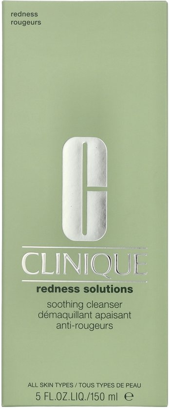 Doos Clinique Redness Solutions kalmerende reiniger, lichtgroen met Clinique C logo en tekst.