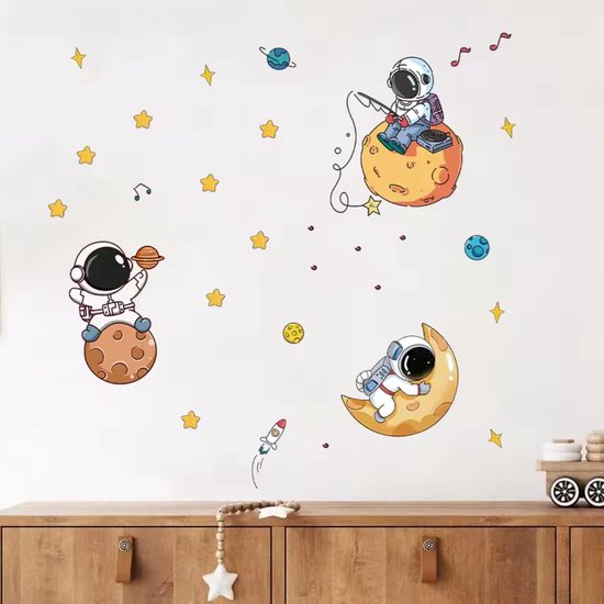 Muursticker 'Astronauten & Planeten' - Zelfklevend PVC - Ruimte - 76x71cm - Kinderkamer Jongen - Babykamer - Space