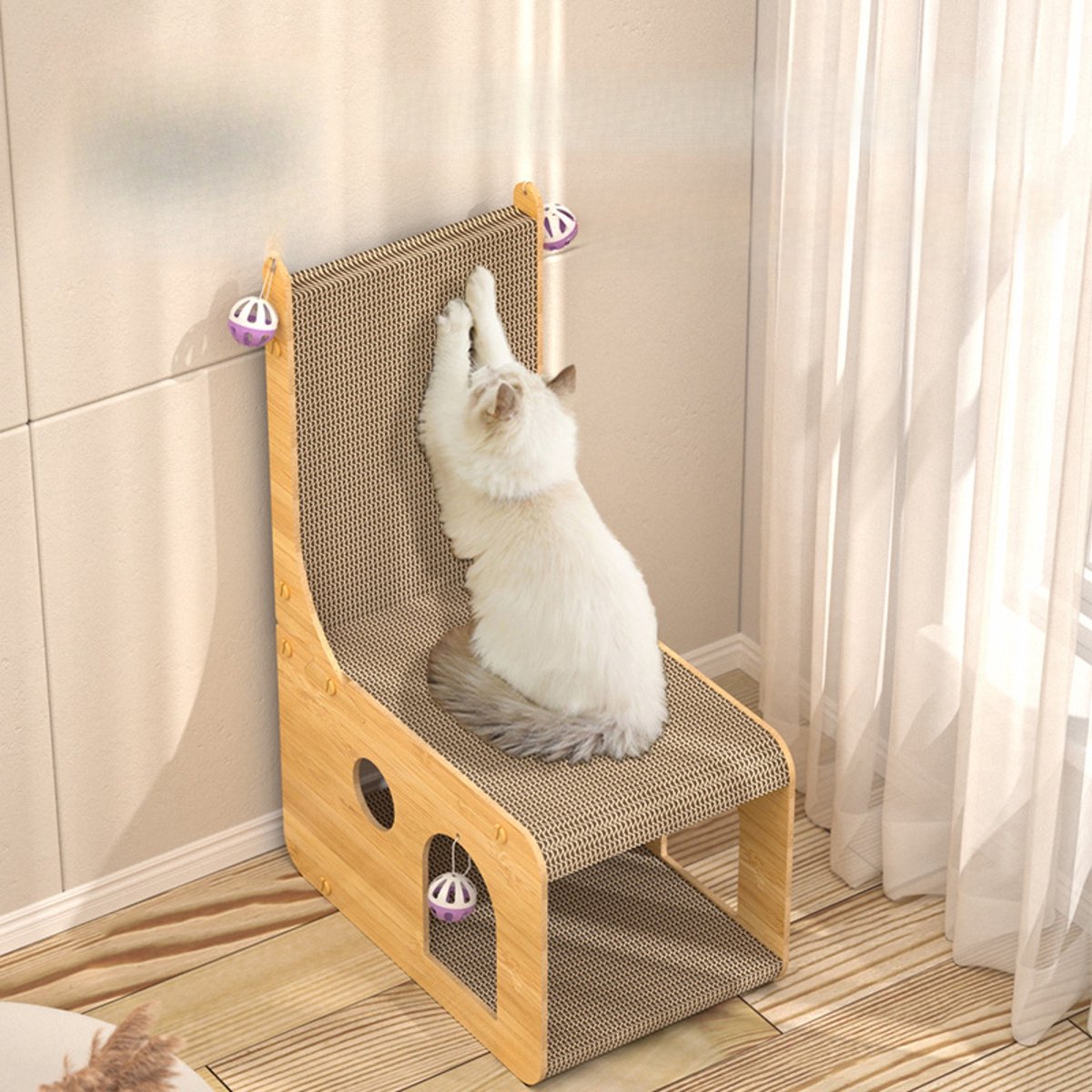 CHIWIN Krabkarton Katten - Kattenhuis 2-in-1 - L-vorm Krabplank Muur - Krabmeubel Karton - Inclusief 4 Speelbal - Kartonnen Krabmat - Kattenbed - Ruimtebesparend - 40x23x66cm