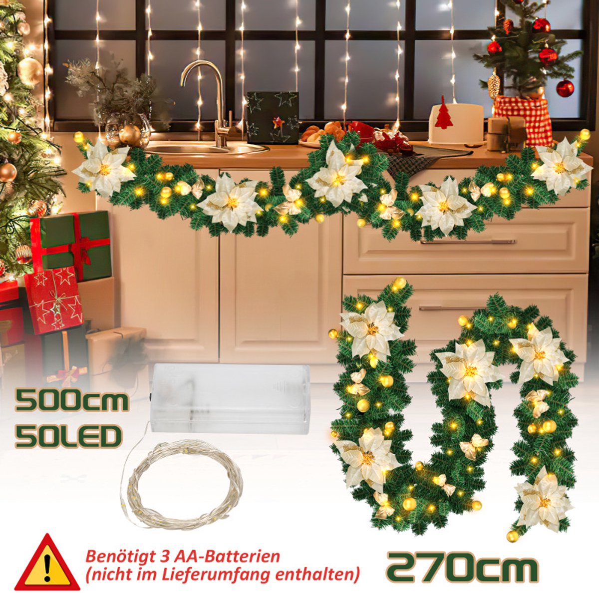 Kerstguirlande 2.7M Guirlande met verlichting Zwaardere kwaliteit Guirlande Kerstverlichting met goud decoratief – foto 2