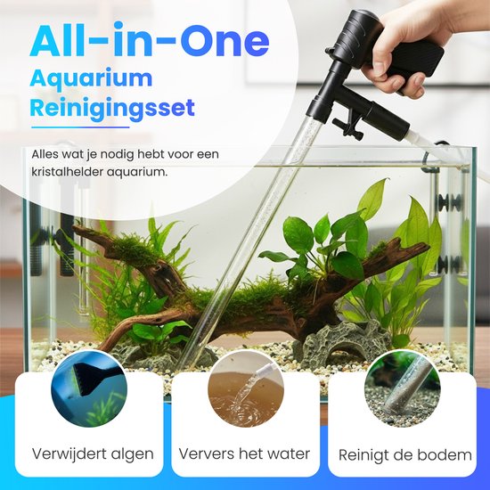 All-in-One aquarium reinigingsset voor een kristalhelder aquarium: verwijdert algen, ververst water en reinigt de bodem.