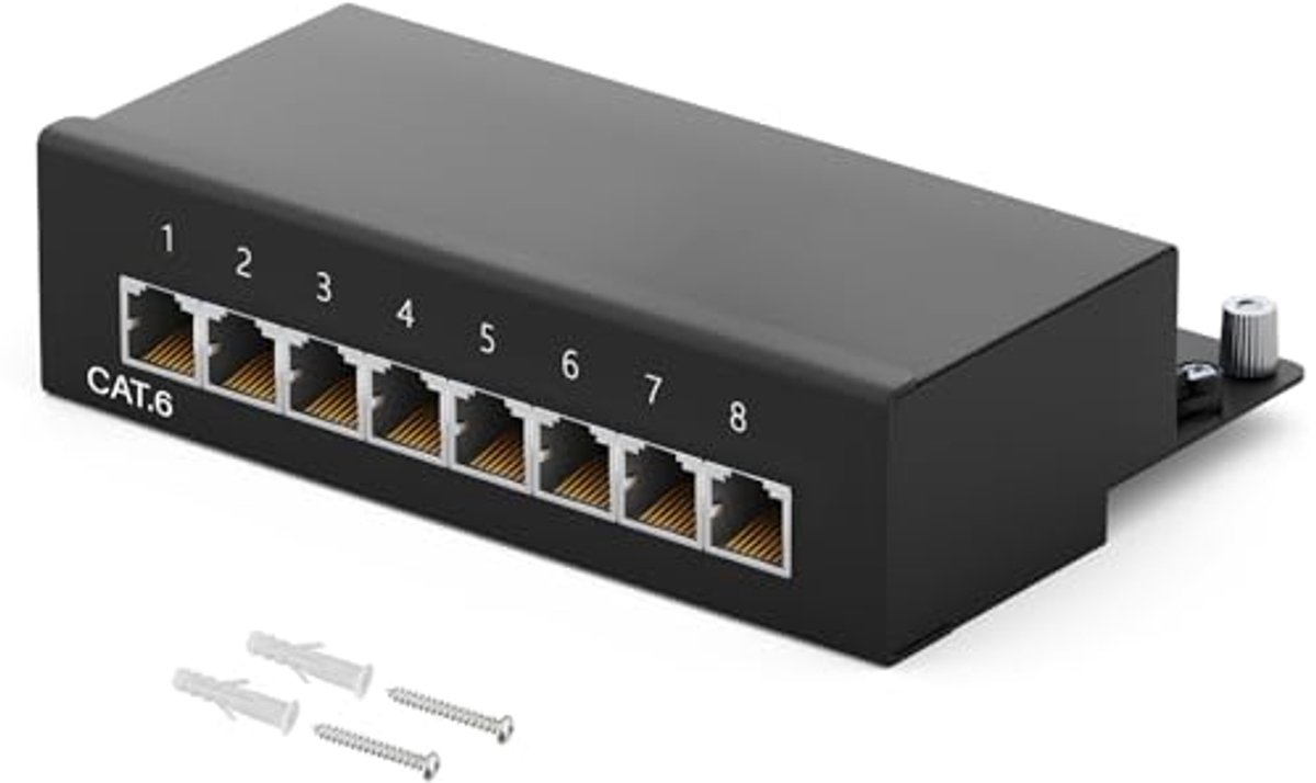 Image of 8-Port Cat 6 LSA Patchpaneel - Afschemed, Zwart, Wand- en Desktopmontage, Professioneel Netwerk