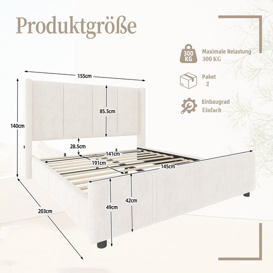 Gewatteerd bed 90 x 200 cm, zacht babybedje, mooi hoofdeinde, lattenbodem, wit