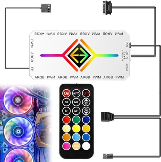 2-in-1 ARGB PWM Fan Hub met controller, 9 x 4-pins PWM-ventilatorconnectoren en 5V 3pin ARGB poorten, RGB Case FanHub met magnetische basis en SATA Power 18 poorten draadloze ARGB-controller met