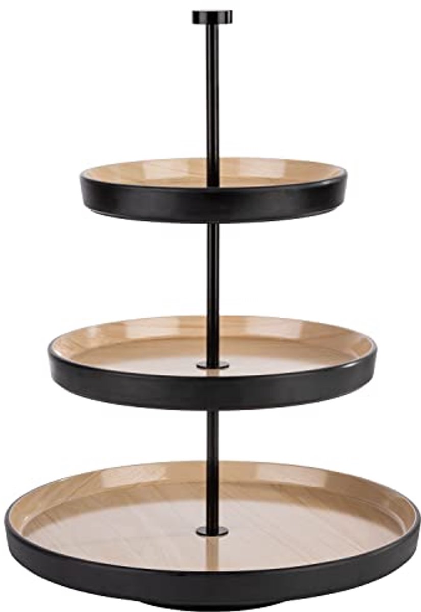 Zwarte 3-traps etagère met melamine schalen, Ø 20/25/32 cm, hoogte 43 cm