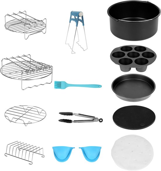 Een set van 12 accessoires voor de heteluchtfriteuse: 3 roosters, 1 tang, 1 bakvorm met 7 holtes, 1 ronde bakvorm, 1 blauwe bakkwast, 2 blauwe ovenwanten, 1 grijs rooster en 2 ronde witte antislipmatten.