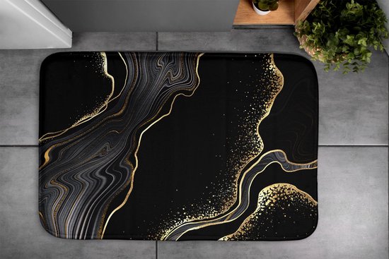 Coloray Badmat - Zwart Badkamermat - Zwart marmer met goud Badkamer Mat - Polyester - Antislip - Douchemat - Mat voor Badkamer - 90x60 cm