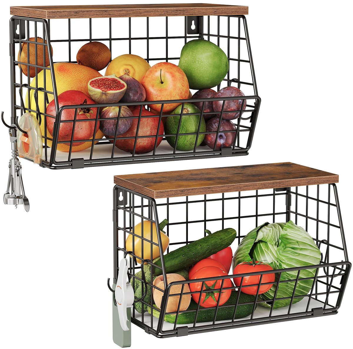 Ibenzoa® Set van twee multifunctionele hangende fruitmanden met vintage uitstraling