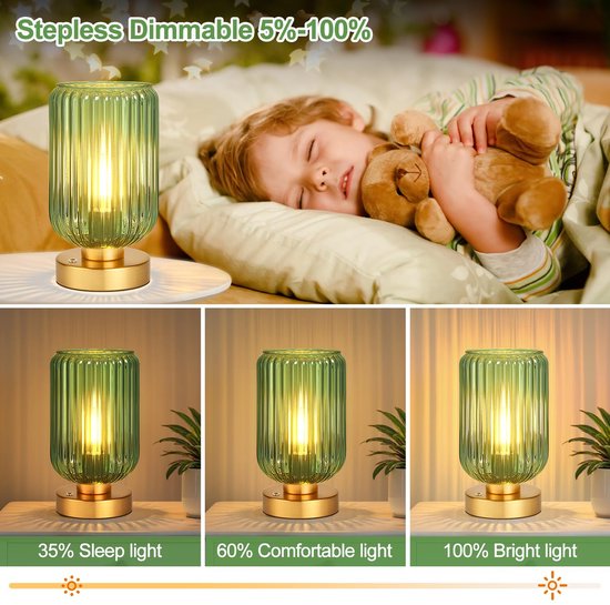 Rosnek Bureaulamp LED 7500 mAh - Dimbare Aanraaklamp met Groene Glazen Kap & Gouden Metaal, 40 Uur Accu Draadloze Tafellamp - Moderne Lamp voor Slaapkamer, Nachtkastje, Woonkamer en Bureau van Rosnek — afbeelding 2