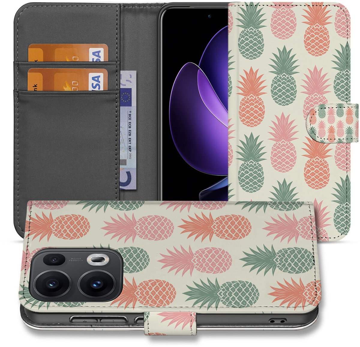 OPPO Reno 13 Pro Book Case ‘Ananas’ – Stijlvol Hoesje met Pasjeshouder
