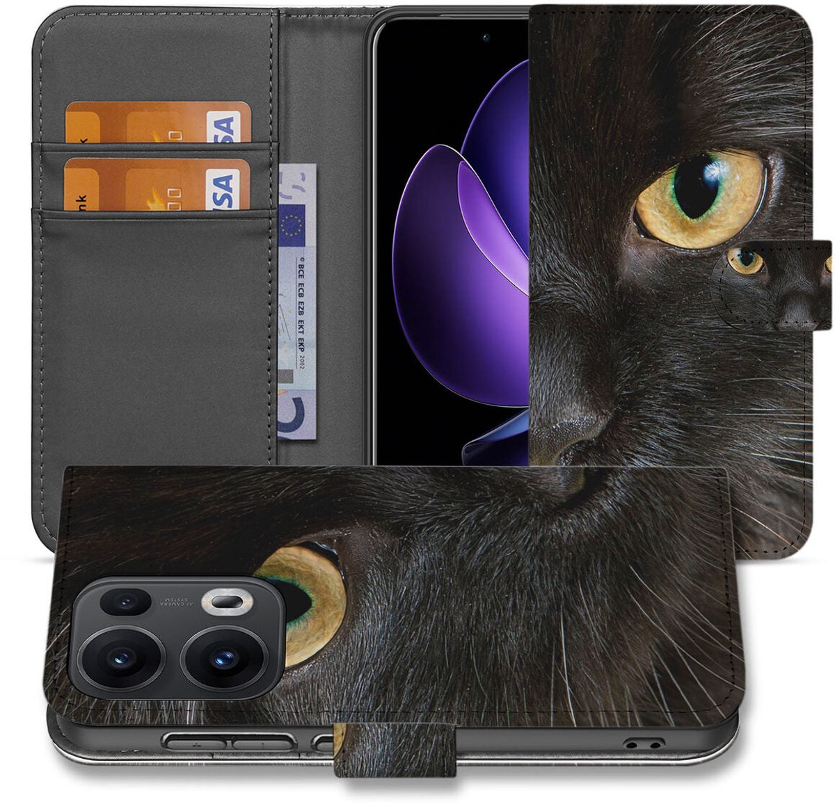 OPPO Reno 13 Pro Book Case ‘Zwarte Kat’ – Stijlvolle Bescherming met Karakter