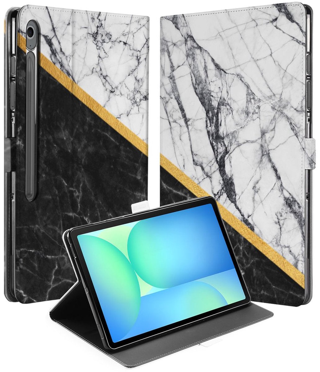 Samsung Galaxy Tab S10 FE Plus Tablet Hoesje Marble White Black met Standaard