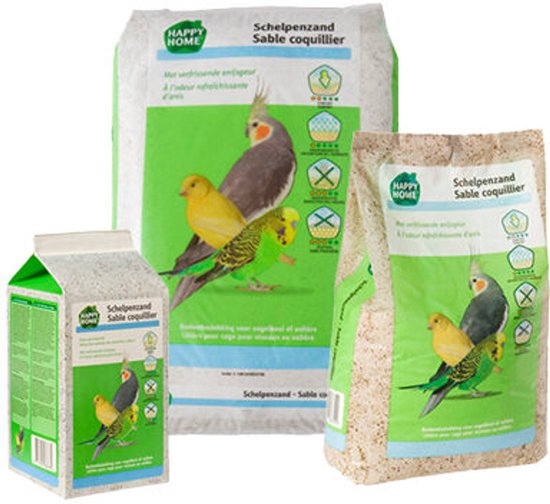 Drie verpakkingen schelpenzand, met afbeeldingen van vogels en de tekst "HAPPY HOME Schelpenzand Sable coquillier".