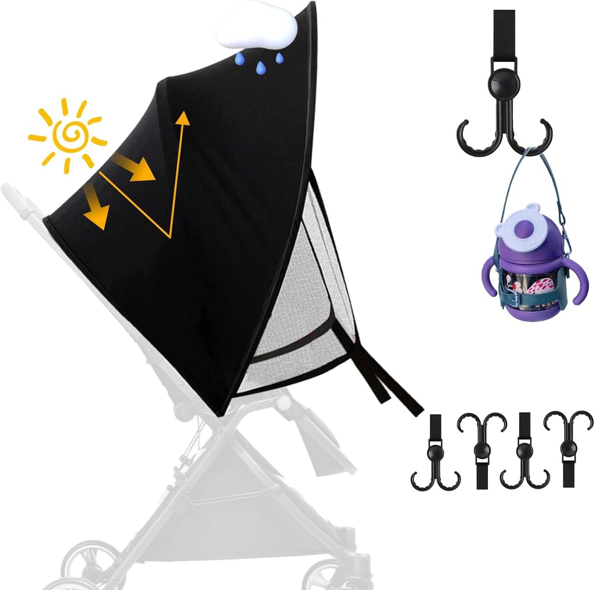 Image of 1PC Black Buggy Sunshade - 4 One Hook Universal Sunshade Awning - Baby Stroller Buggy Sunshade en Blackout Roller Blind voor Buggy - Wind UV Bestendig