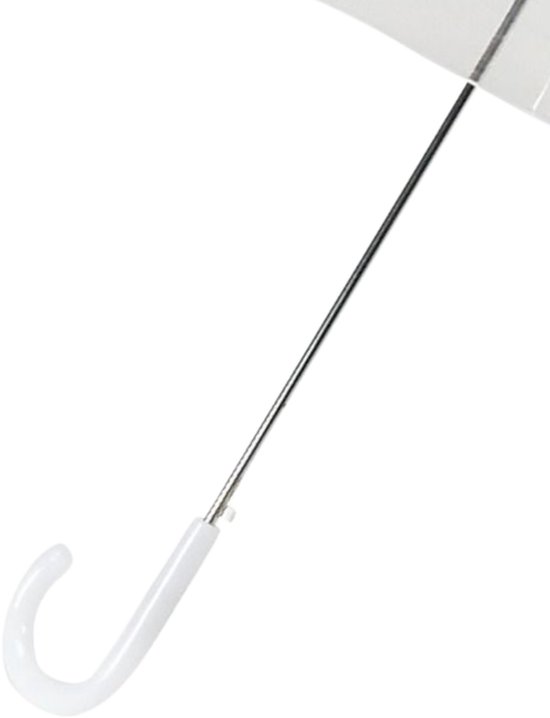 Transparante paraplu met witte gebogen handgreep en metalen steel.