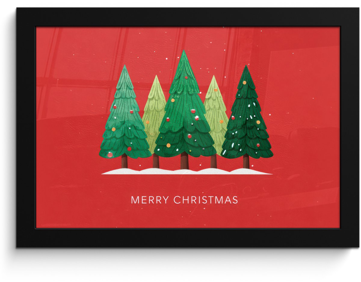 FrameYourWall Poster in lijst - Fotolijst 30x20 cm - Posters - Minimalistisch - Kerstbomen - Rood - Sneeuw - Posterlijst zwart - Decoratie - Wanddecoratie woonkamer - Muurdecoratie slaapkamer - Kerstversiering - Kerstdecoratie voor binnen - Kerstmis