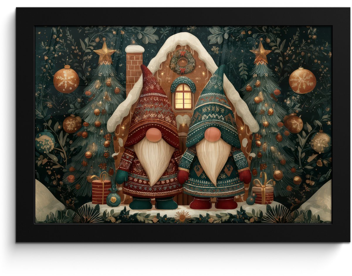 FrameYourWall Poster in lijst - Fotolijst 30x20 cm - Posters - Kerst - Gnomen - Peperkoekhuisje - Rood - Groen - Posterlijst zwart - Decoratie - Wanddecoratie woonkamer - Muurdecoratie slaapkamer - Kerstversiering - Kerstdecoratie voor binnen - Kerstmis Kerst - Gnomen - Huisje - Rood - Groen