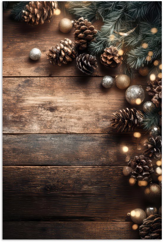 Poster 40x60 cm - Kersthoekdecoratie - Dennenappels - Lichtjes - Posters - Kamer decoratie - Wanddecoratie woonkamer - Muurdecoratie slaapkamer - Kerstversiering - Kerstdecoratie voor binnen - Kerstmis