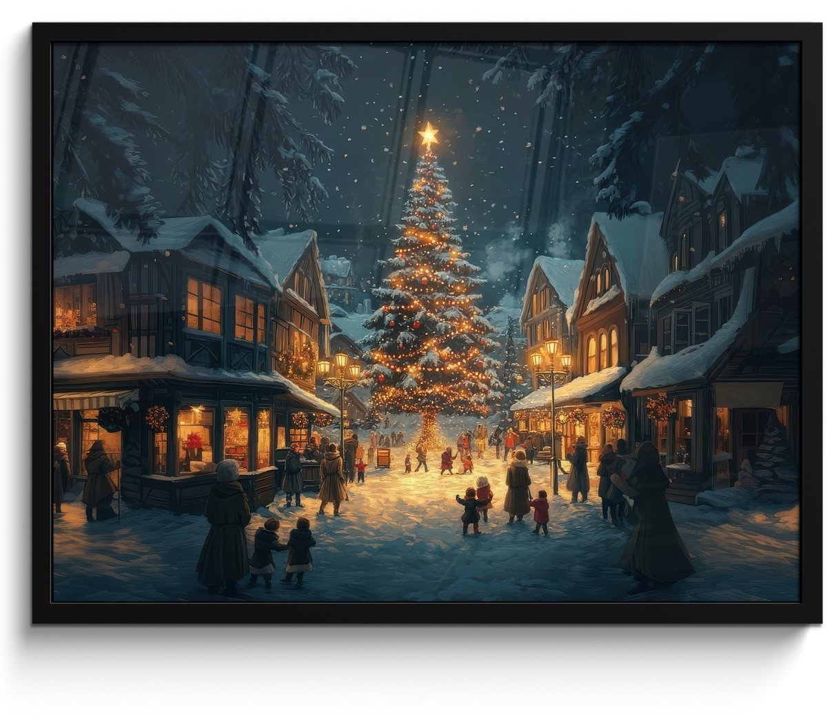 FrameYourWall Poster in lijst - Fotolijst 80x60 cm - Posters - Kerstfeest - Dorp - Donker - Posterlijst zwart - Decoratie - Wanddecoratie woonkamer - Muurdecoratie slaapkamer - Kerstversiering - Kerstdecoratie voor binnen - Kerstmis