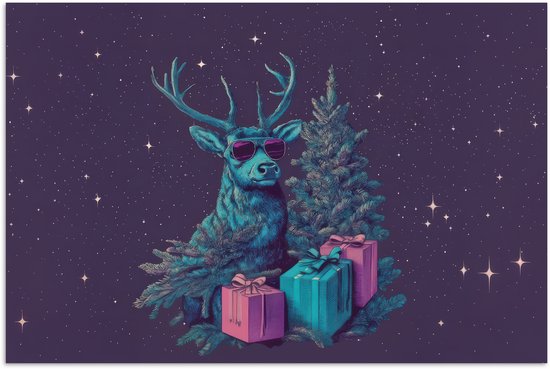 Poster 120x80 cm - Rendier - Zonnebril - Neon - Kerstboom - Posters - Kamer decoratie - Wanddecoratie woonkamer - Muurdecoratie slaapkamer - Kerstversiering - Kerstdecoratie voor binnen - Kerstmis