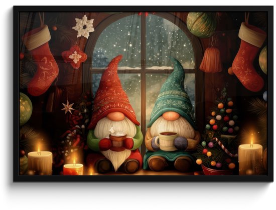 Poster in lijst - Fotolijst 90x60 cm - Posters - Gnooms - Kerst - Raam - Kleurrijk - Posterlijst zwart - Decoratie - Wanddecoratie woonkamer - Muurdecoratie slaapkamer - Kerstversiering - Kerstdecoratie voor binnen - Kerstmis