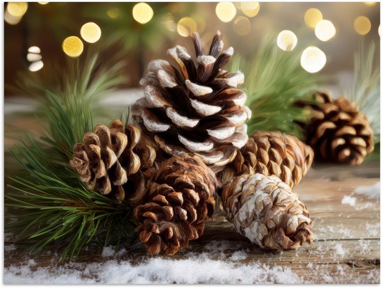 Poster 80x60 cm - Dennenappels - Kerstsfeer - Bruin - Groen - Posters - Kamer decoratie - Wanddecoratie woonkamer - Muurdecoratie slaapkamer - Kerstversiering - Kerstdecoratie voor binnen - Kerstmis