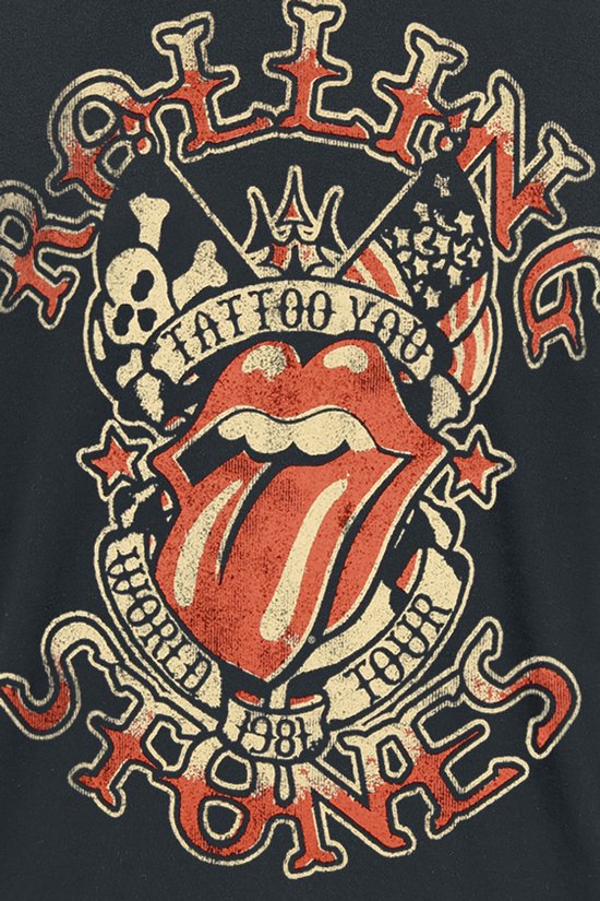 Zwart T-shirt met rode en beige "Tattoo You World Tour 1981" opdruk.