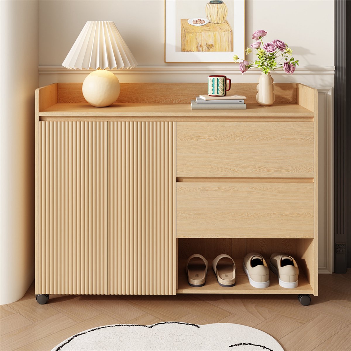 YEHTOKHOME Verplaatsbare Schoenenkast met wieltjes en rem - met lade en open vakken - verstelbare planken - soft-close scharnieren - 110x35x86 cm - natuurlijk