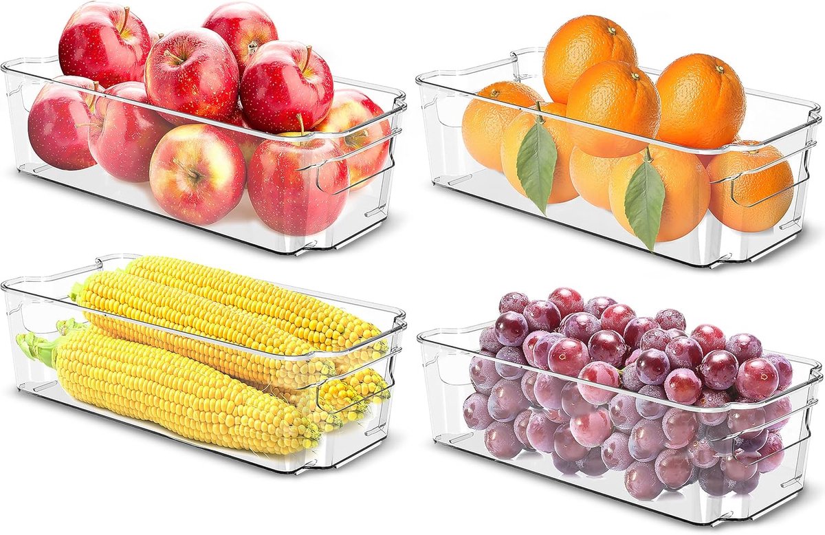 Hoogwaardige koelkastorganizerset voor lades - Set van 4 stapelbare koelkastopbergers - voor groentevak, keukenkast, planken, cosmetica, kantoorbenodigdheden, gereedschap - BPA-vrij