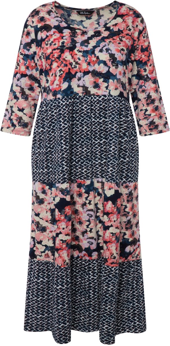 Ulla Popken Dames - Midi-jurk motiefstrepen A-lijn ronde hals 3/4-mouwen - Donkerblauw - Maat 54+