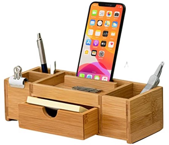 Bureau-organizer van hout, bureau-organizer met natuurlijke nerf van bamboe, opbergdoos, pennenhouder, pennenhouder voor thuis of op kantoor