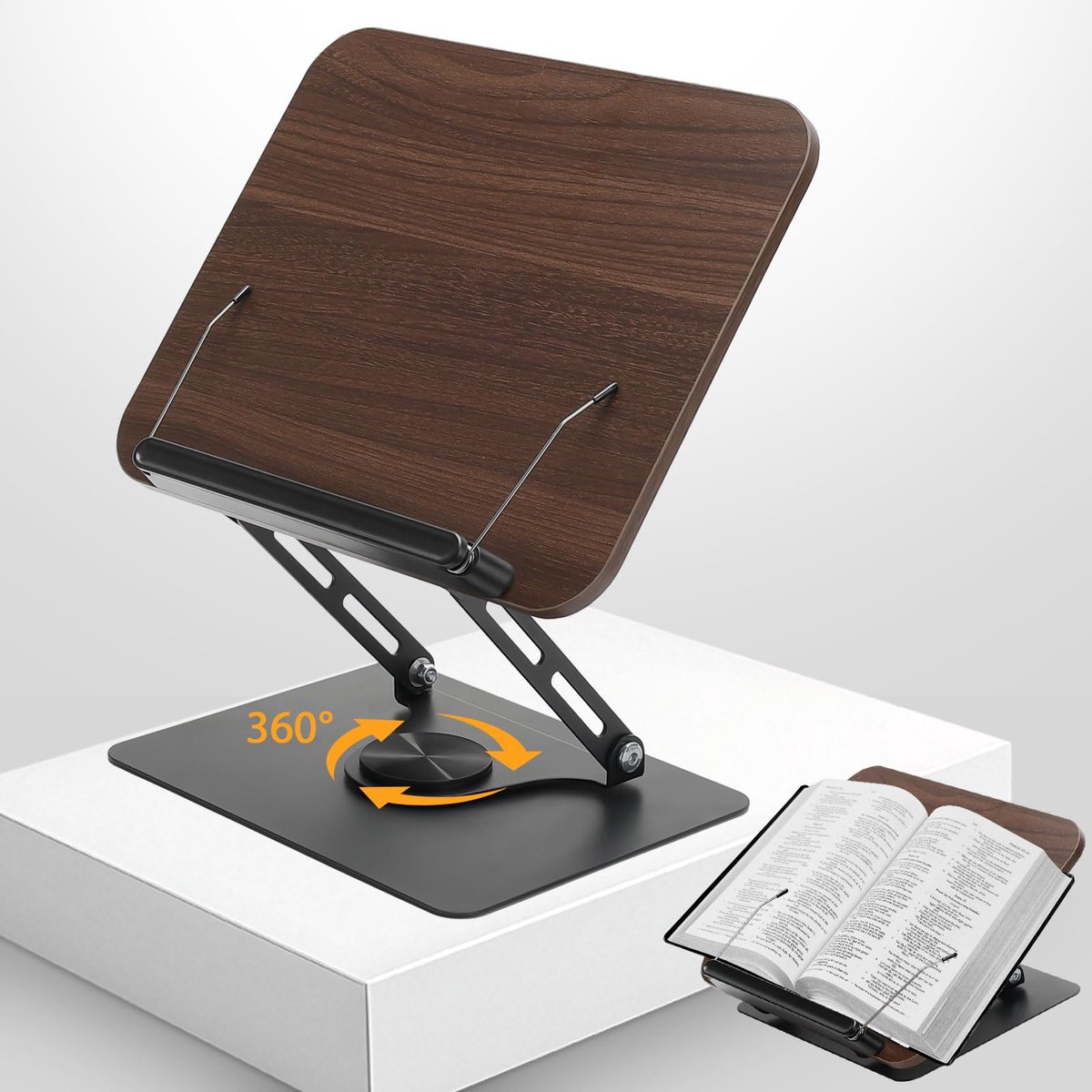 Azomor® Verstelbare houten boekenstandaard met draaibare basis en zijclip