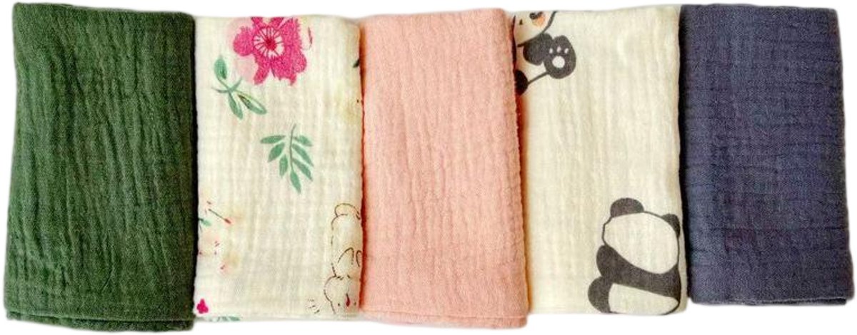 Image of 5-pack baby mousseline gezichtshanddoeken - pasgeboren handdoekset - 25 x 25 cm gezichts- en badhanddoeken - herbruikbare baby gezichtshanddoeken - 100% katoen - zacht en ademend - maat O