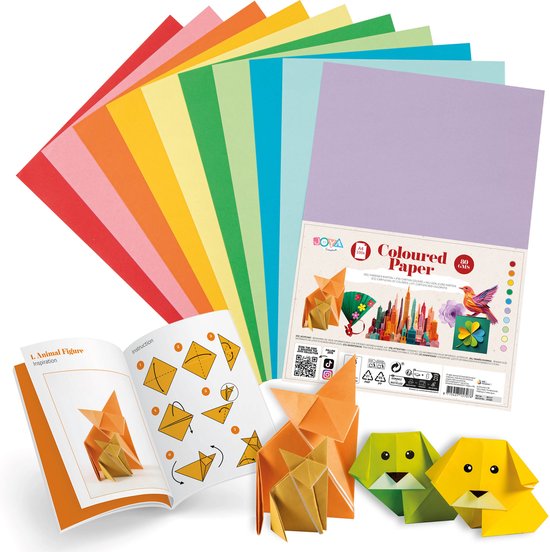 Joya Creative Colored Papier 100pcs - 80 grammes - Papier kraft - Format A4 - Livre d'inspiration inclus - 10 couleurs différentes - Bricolage pour Enfants et Adultes