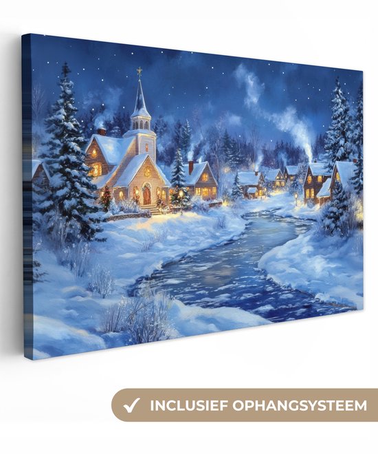 Canvas schilderij 90x60 cm - Exclusieve wanddecoratie Winteravond - Kerstdorp - Donker - Muurdecoratie woonkamer - Kamer decoratie - Schilderijen op canvas - Kerstdecoratie voor binnen - Kerstversiering - Kerstmis versiering
